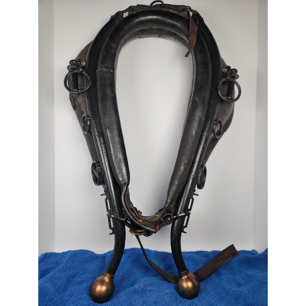 Antique Leather Horse Collar Hames Cast Iron Metal BRASS Finial Ball Farm Decor